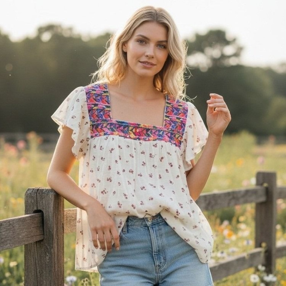MINE Embroidered Floral Flutter Sleeve Top Womens Large Cream Boho Blouse CR1817
